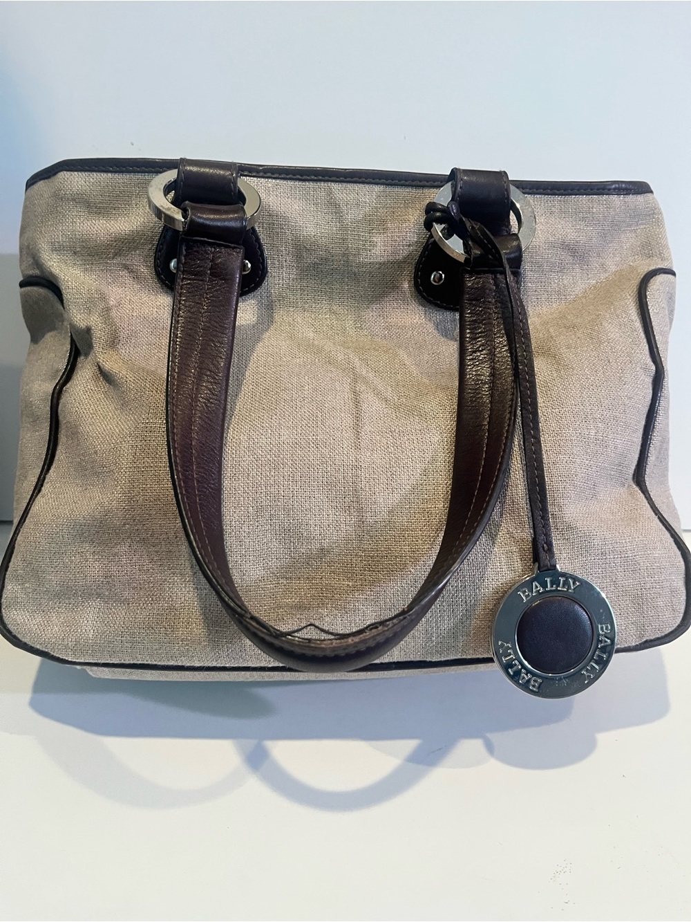 Bally Beige Canvas Shoulder Bag with Brown Leather Trim